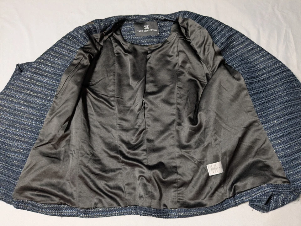 TART COLLECTION Mujer XS Azul Plata Combo Tweed Doble Cremallera Blazer Moto Chaqueta Foto 3 de 4
