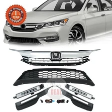 For 2016 2017 Honda Accord Sedan Front Upper& Lower Grille & LED Fog Lights Kits