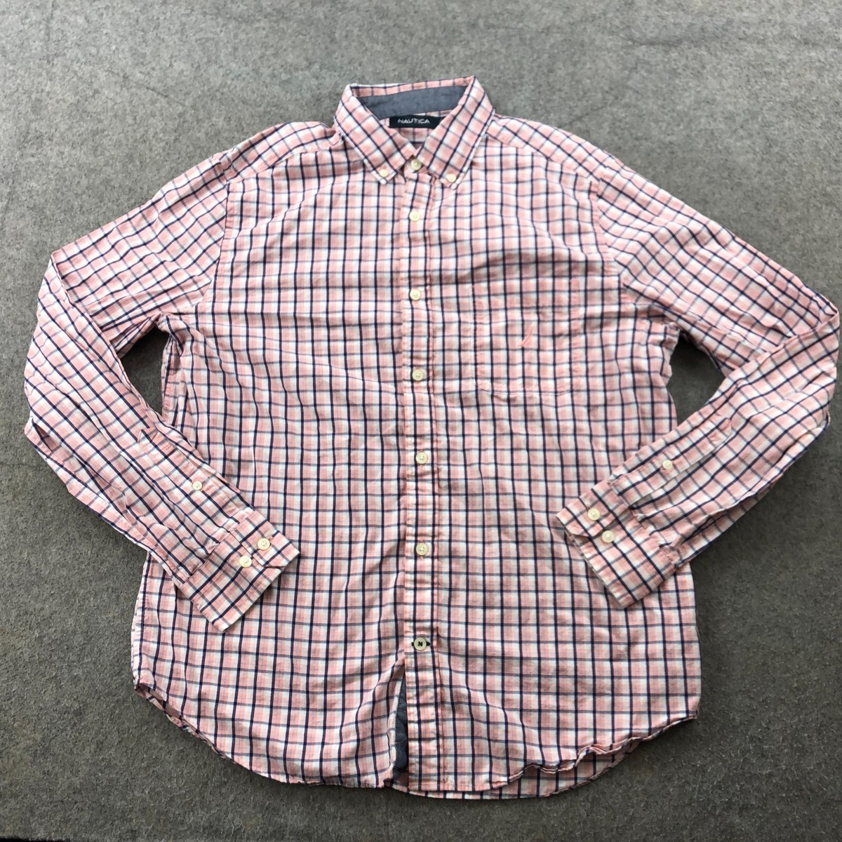 Nautica Shirt Men Medium Pink Blue Check Long Sleeve Casual Preppy