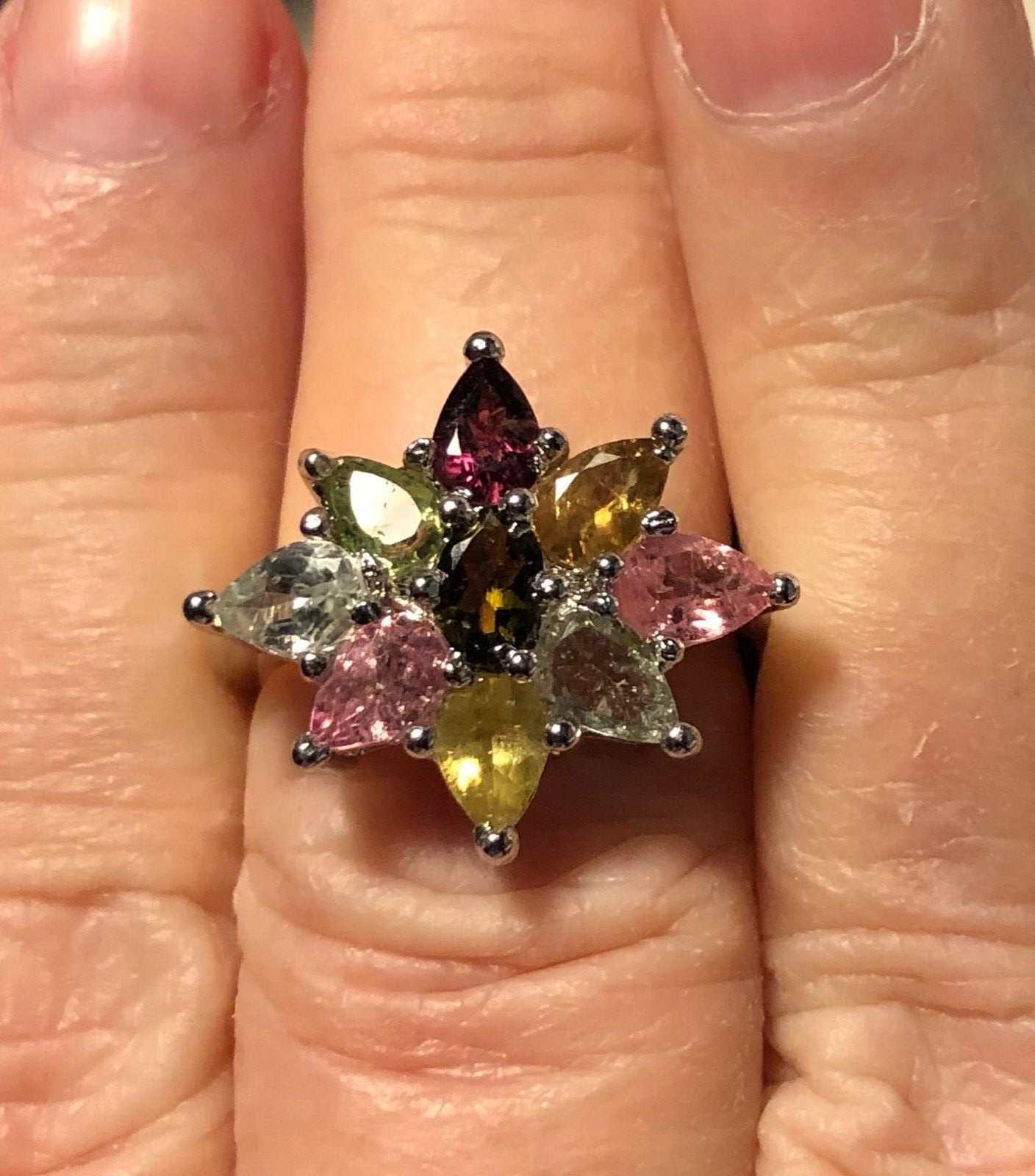 Multi Gemstone RING in a Flower Setting ~ Sterlin… - image 4