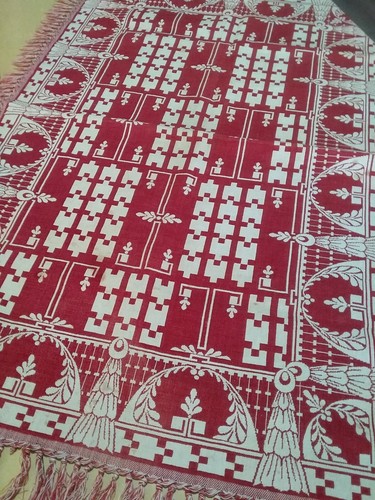 ANTIQUE FRENCH ART DECO RED AND WHITE HAND KNOTTED COTTON TABLECLOTH - Picture 5 of 6