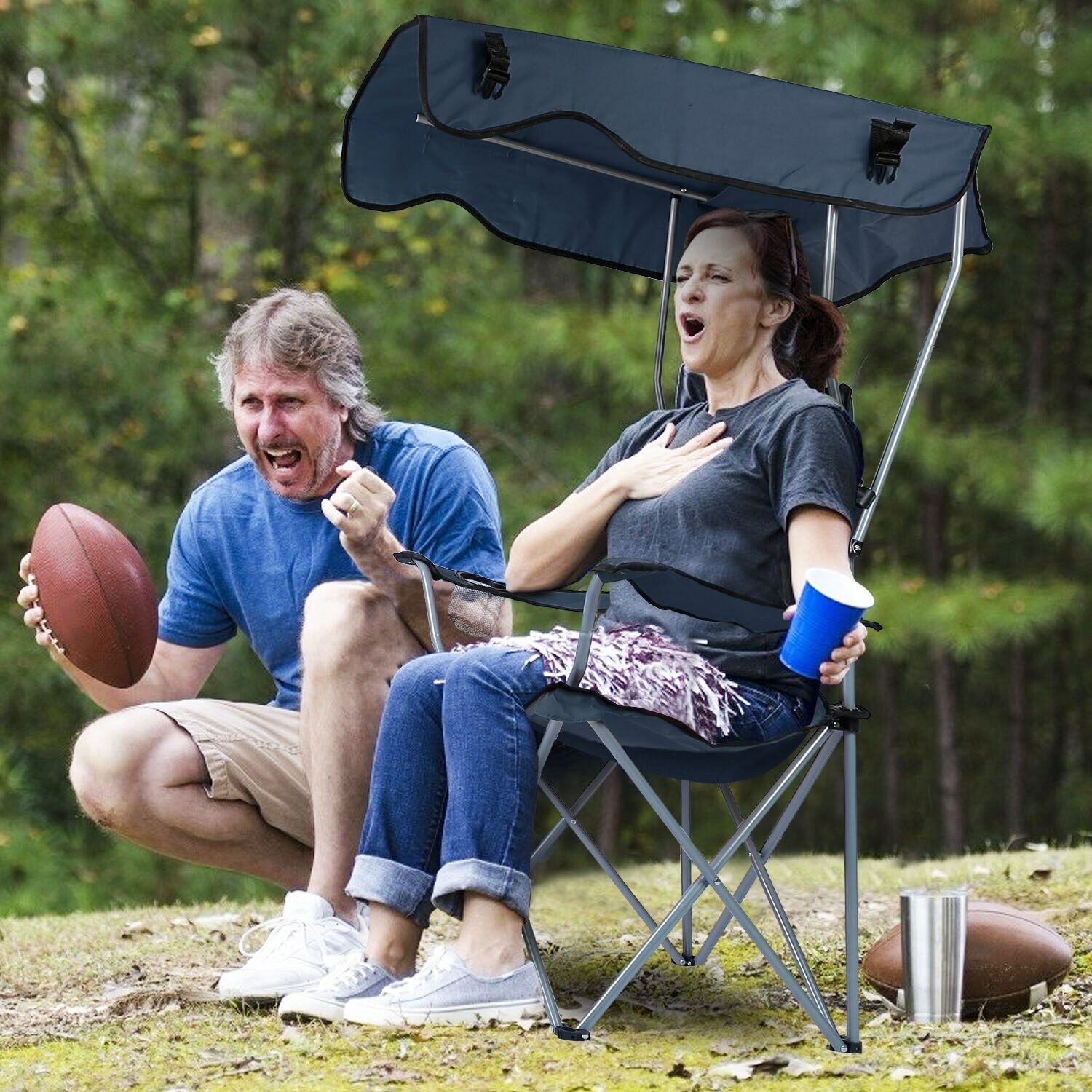 Canopy Chair Sun Protection Portable Outdoor Folding Chair w/ Cup Holder Camping