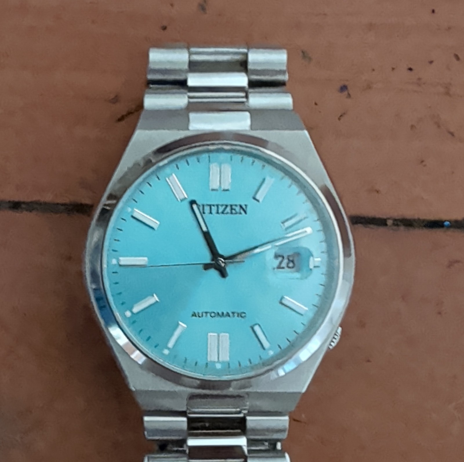 Citizen Automatic Analog Turquoise Dial Date Stainless Steel Band Wristwatch