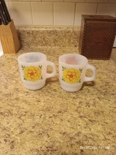 Set Of 2 Anchor Hocking Fire-King Milk Glass Coffee Mug Daisy Pattern Stackable