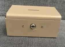 SMALL VINTAGE ROCKAWAY METAL PROD CORP BOX COIN PIGGY BANK 5.5" WIDE NO KEY