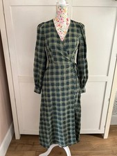 Primark Green Check Balloon Sleeve Wrap Midi Dress Size 10