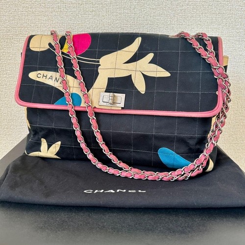 CHANEL Camellia No.5 Chocolate Bar Canvas Chain Shoulder Bag Multi Color Used