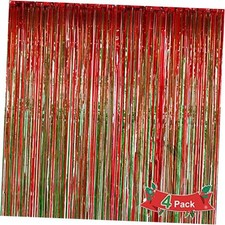 4 Pack Foil Fringe Curtains Christmas Photo Backdrop, Red and Green Metallic