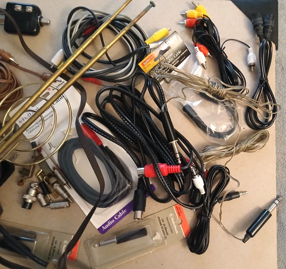 Large Lot Vintage + NOS  T.V. and Audio Supplies Cables Connectors Rabbit Ears - Image 2 of 3