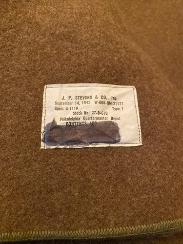 WW2 Brown Wool Blanket Marked US 1942 JP Stevens and Co. Military