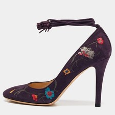 Jimmy Choo Purple Suede Floral Embroidered Chelan Ankle Wrap Pumps Size 40