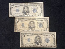 Lot of 3 1934 $5 Bill Blue Seal Silver Certificates Five Dollar Notes