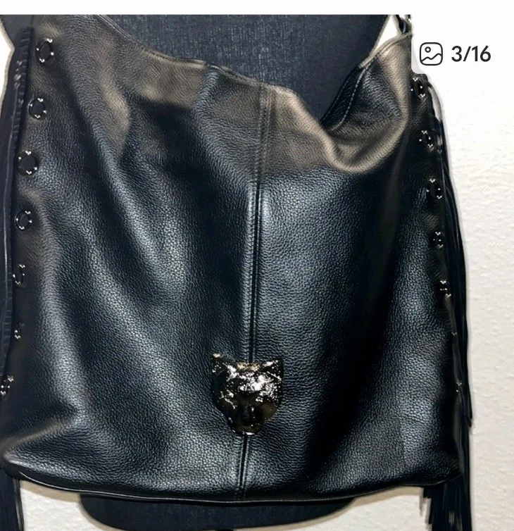 Sarif черная кожаная Дамская сумка сумочка Panther кристалл глаза богемное бахрома потрясающий! - Изображение 4 из 4