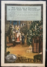 Antique Early 1900s Large Color Victrola Christmas Tree & Santa Ad Poster