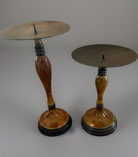Vintage Set Candlesticks Marbled Wood Metal Candle Stick Stands Wooden Glaze MCM