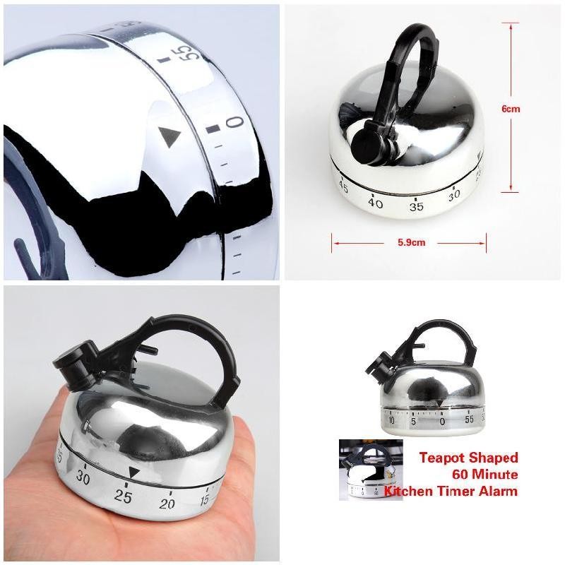 Kitchen Teapot Shaped Cooking Timer - Manual Wind Up 60 Minutes Countdown Timer