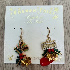 Vintage French Fries Lunch at The Ritz Christmas Earrings Candy Cane Stocking