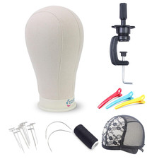 Canvas Block Mannequin Head Set - 21 Inch Wig Display Stand with Mount Hole