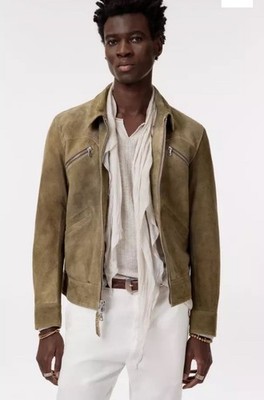 John Varvatos Brian Sheep Suede Moto Jacket Fossil Green sz52