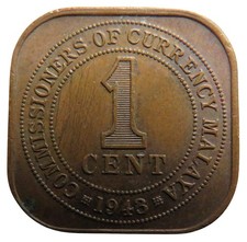 1943 King George VI Commissioners of Currency Malaya One Cent Coin