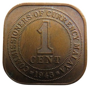 1943 King George VI Commissioners of Currency Malaya One Cent Coin