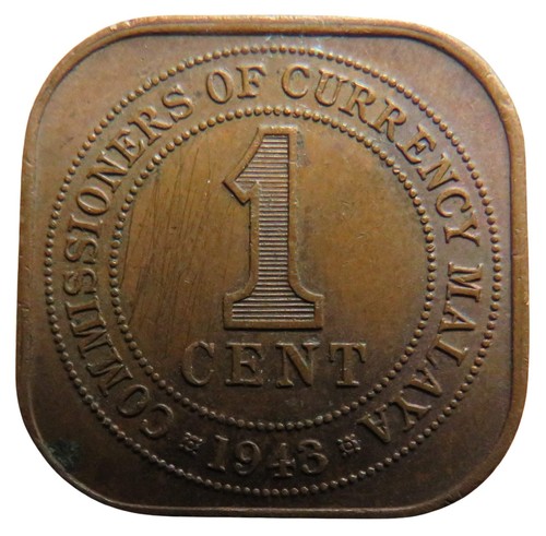 1943 King George VI Commissioners of Currency Malaya One Cent Coin
