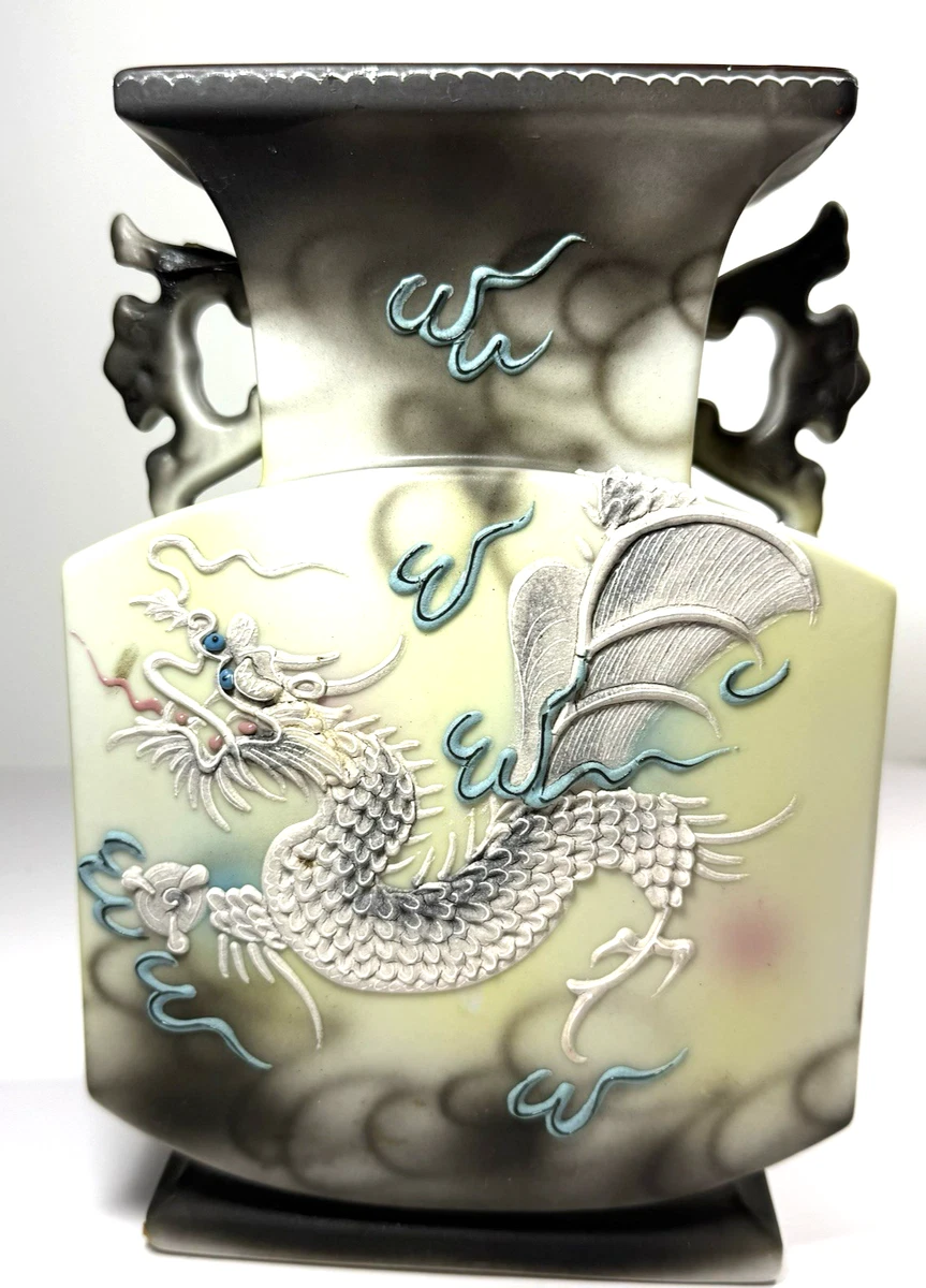 ドラゴン装飾の陶器花瓶 壺 [黒龍] 丸形 中国雑貨 龍 ドラゴン フラワーベース 花瓶 花入れ