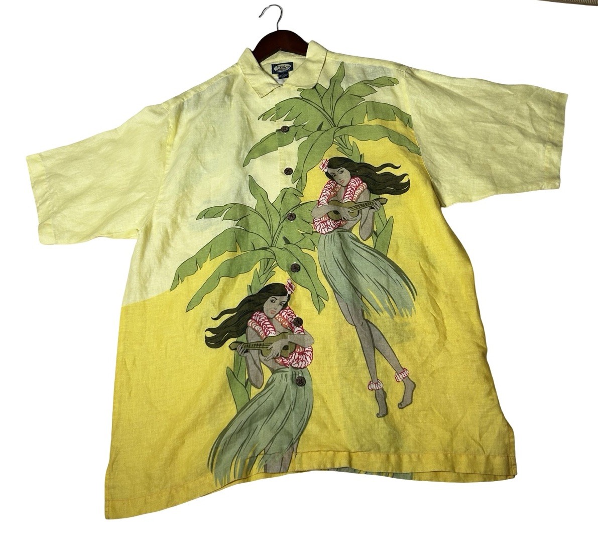 Tommy Bahama Hula Girl 100% linen Hawaiian Shirt Size M Yellow Short Sleeve READ