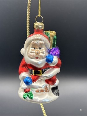 Vintage Hand Blown Glass Santa Going Down The Chimney Christmas Tree Ornament
