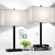 21" Set of 2 Touch Control Table Lamps with 2 USB & AC Outlets, 3-Way Dimmable 