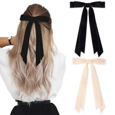 2PCS Velvet Hair Bows Black Beige Ribbon Clips Ponytail Holder for Girls