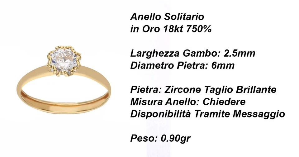 Anello ORO GIALLO Solitario con Zircone ORO 18 KT 750% List 285€ - Immagine 2 di 4