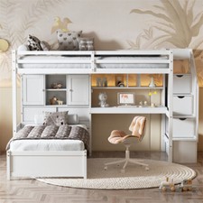 Twin Over Twin Size Pine Loft Bed w/Desk, Storage & Storage Staircase White