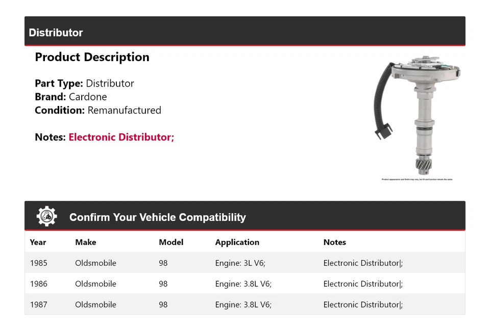 Para Oldsmobile 98 1985-1987 distribuidor Cardone 1986 Foto 2 de 4