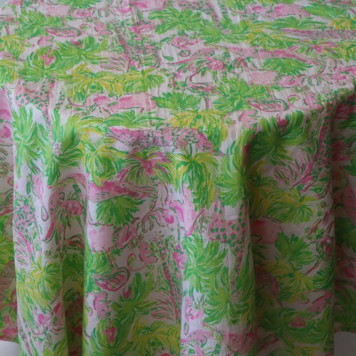 Vtg Lilly Pulitzer Pottery Barn Kids Tablecloth Pink, Green Flamingo, Palms 48"