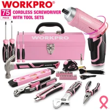 WORKPRO 75PIECES Pink Tools Set 3.7V Rotatable Cordless Screwdriver Tool Kit NEW