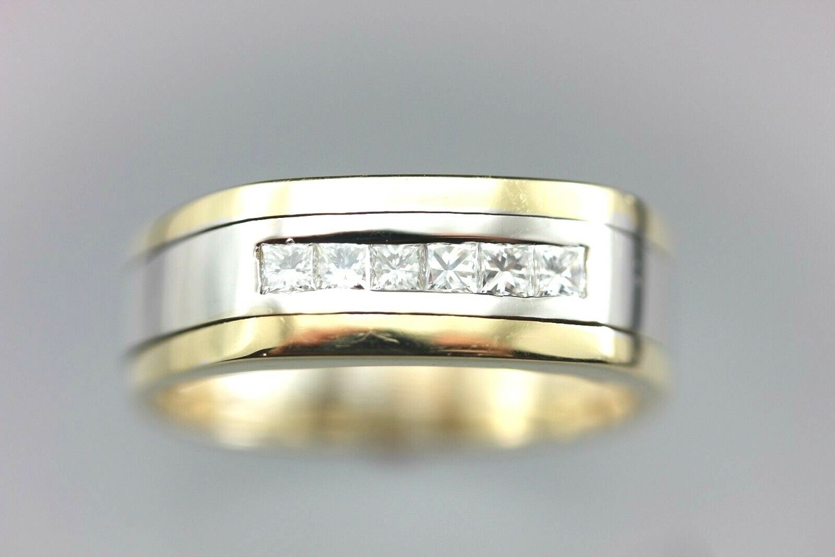 Men's 14k white yellow two tone gold princess diamond wedding ring  band