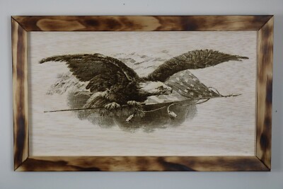 laser engraved wood art, Bald Eagle, American Flag, Distressed Frame, Patriotic