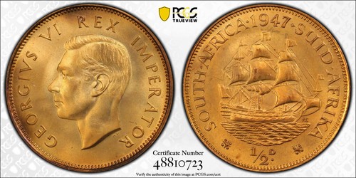 South Africa, 1947 George VI Half Penny. PCGS PR 66 Red. 2,600 Mintage.