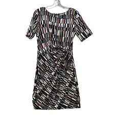 Ann Taylor Petite Short Sleeve Dress SP Jersey Knit Tie Waist Round Neck Printed