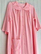 VTG Shadowline Nylon Collared Nightgown House Coat LARGE Pink Lace Button Down