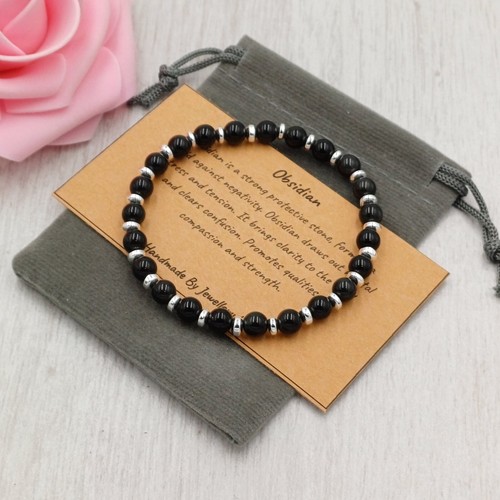 OBSIDIAN Bracelet Stretch Fit Handmade + Gift Bag & Card Crystal Gemstone 6/8mm - Picture 3 of 11