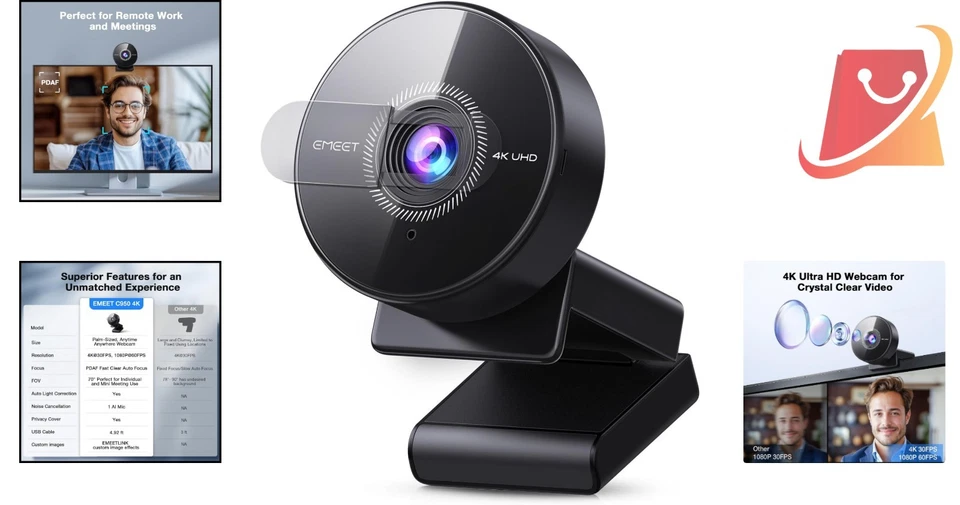 4K网络摄像头PC 800万像素自动对焦降噪麦克风USB即插即用适用于Zoom Teams — 第 2/4 张图片