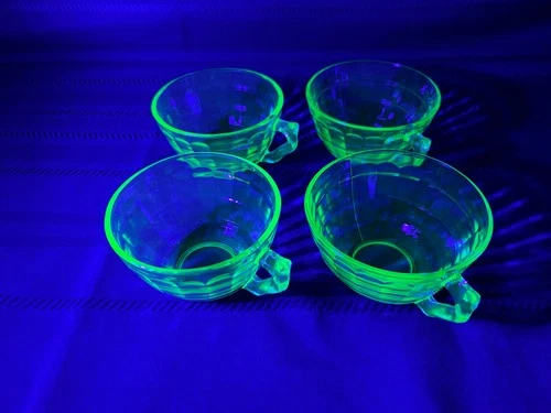 Anchor Hocking Uranium Glass~Block Optic~Green Depression Tea Cup~Glow~1930s