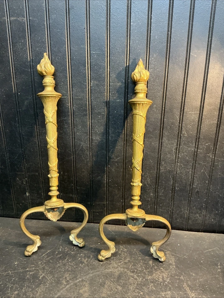 Antique Art Deco 1920s Style Brass Cast Iron Andirons Ornate Detailed Torch 21in - Image 3 of 4