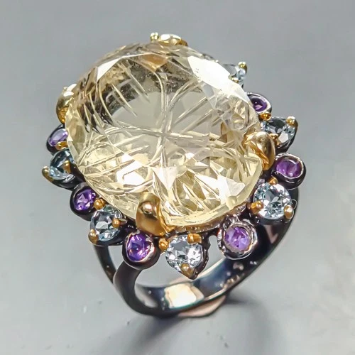 Gemstone 37 ct Natural Lemon Quartz Ring 925 Sterling Silver Size 8 /R451054