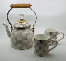 Mackenzie Childs New Mocha Check Enamel 2 Quart Tea Kettle & 2 Porcelain  Mugs