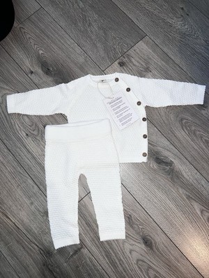 Mali Wear 2pc Knit Outfit Set White Button Sweater + Pants Unisex 3-6M