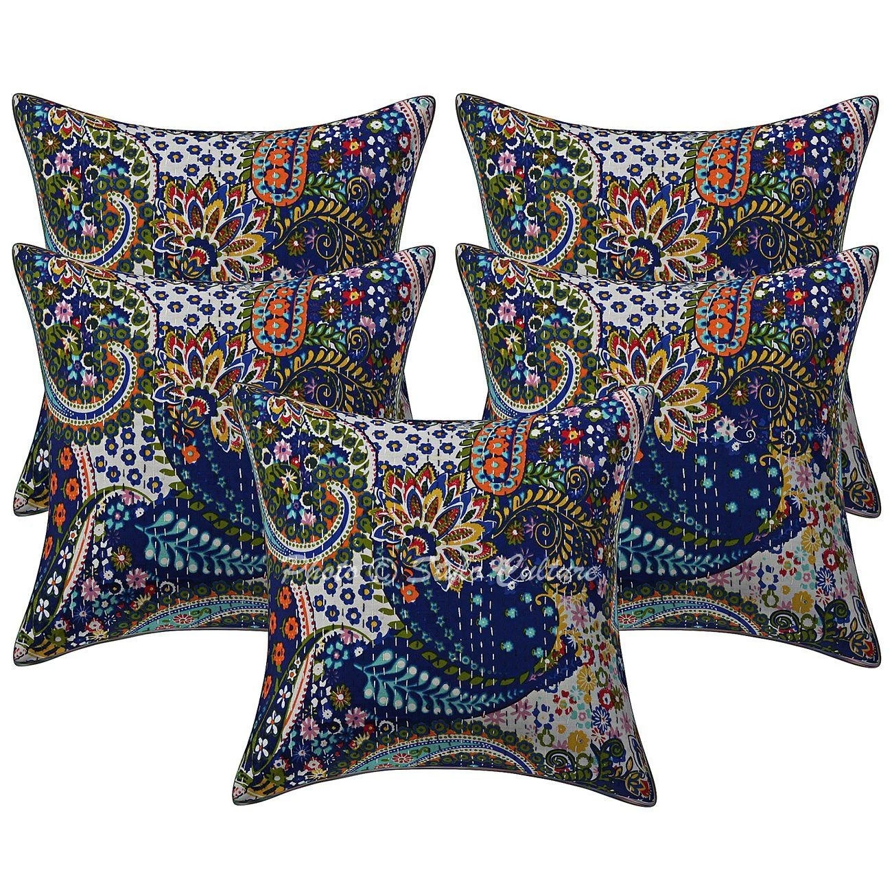 Indian Cotton Throw Pillow Covers Kantha Blue Paisley Home Decor Cushion Cover