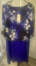 Connected Sheath Dress Size 10 Blue/White Floral Chiffon Overlay Knee Length